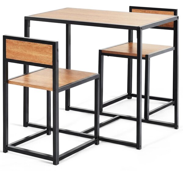 COSTWAY 3 kusy kuchyňského barového stolu s 2 barovými židlemi s kovovým rámem Kuchyňský barový stůl Barový stůl pro malé pokoje Kuchyňská jídelna a bistro Dřevo přírodní
