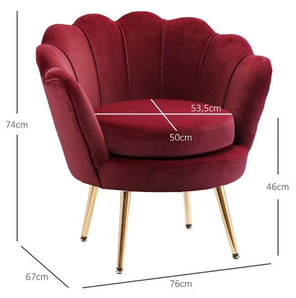 HOMCOM Velurové křeslo s zlatými kovovými nohami do ložnice, 76 x 67 x 74 cm, Vínová | Aosom