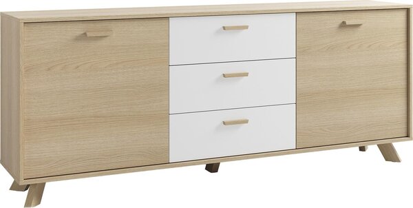 ByLIVING Příborník BASTIAN / Dub bianco, bílá / Úchyty a nožky z dubového masivu / 3 zásuvky a 2 dvířka / Spousta úložného prostoru / Komoda / Příborník / Rozměry: š 180, v 72,5, hl 36,5 cm