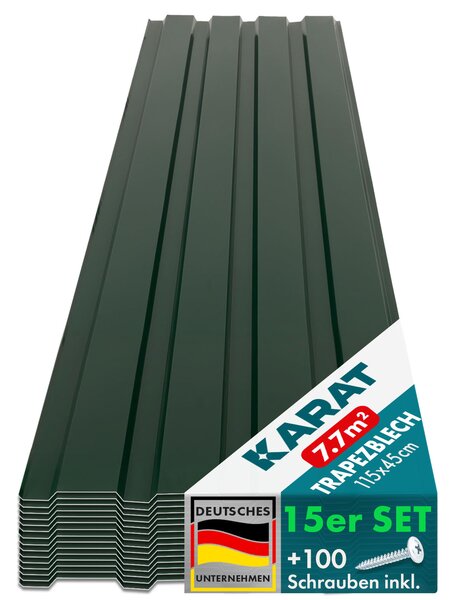 15 kusů trapézového plechu 115x45 cm profilový plech SET včetně 100 šroubů 7,7 m² zelená