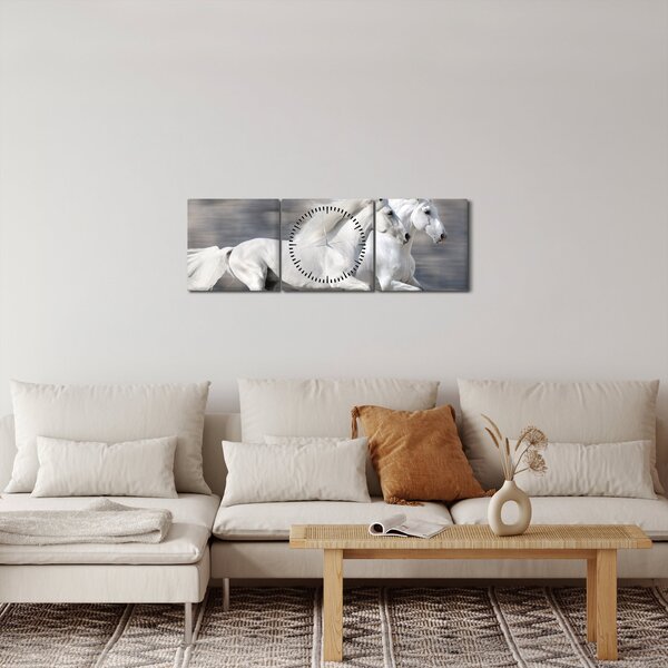Obraz - Bílí koně v zimě (s hodinami) (90x30 cm)
