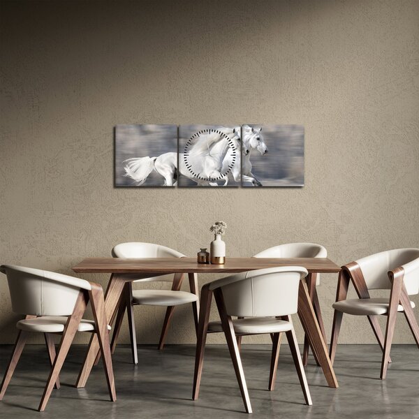 Obraz - Bílí koně v zimě (s hodinami) (90x30 cm)