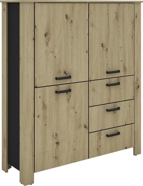 ByLIVING Highboard FARO / Vzhled dubu Artisan, černá horní deska / Vzhled s hroty / 3 dvířka a 3 zásuvky / Nastavitelné police / Spousta úložného prostoru / Příborník / Komoda / Rozměry: š 160, v 84, hl 40 cm
