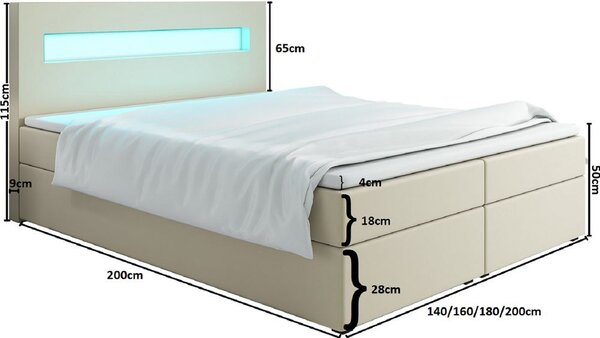 Čalouněná postel s osvětlením LILLIANA 3 - 180x200, béžová eko kůže