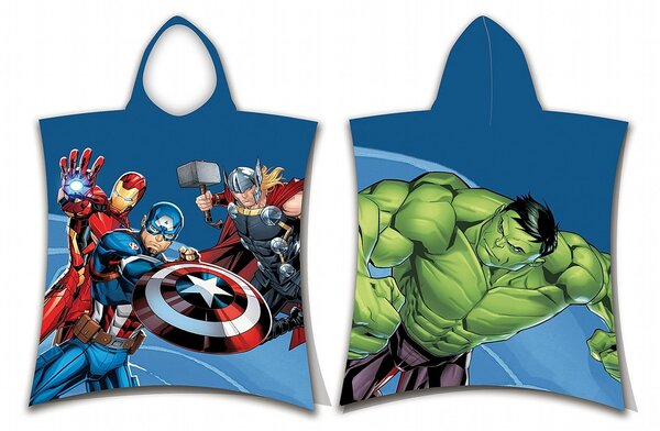 Pončo s obrázkem hrdinů z Avengers laděné do modré barvy. Obrázek na přední i zadní straně. Pončo lze využít jako ručník nebo župánek s kapucí. Rozměr ponča je 50x115 cm