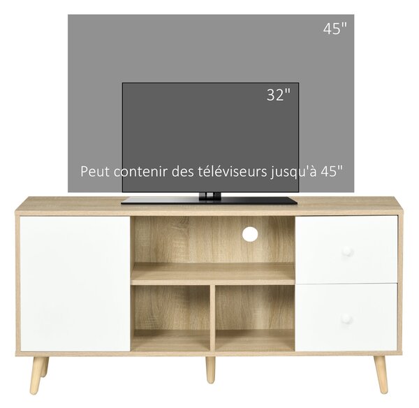 HOMCOM Televizní stolek pro televize do 114 cm se solidními nohami ve skandinávském stylu, 3 police, 1 skříňka se dveřmi a 2 šuplíky 120 x 30 x 60 cm