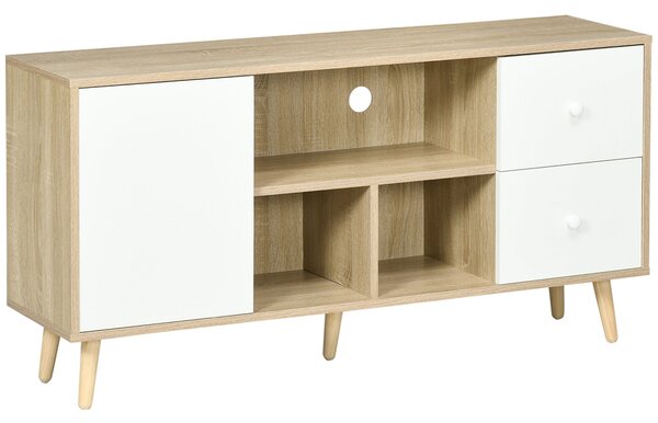 HOMCOM Televizní stolek pro televize do 114 cm se solidními nohami ve skandinávském stylu, 3 police, 1 skříňka se dveřmi a 2 šuplíky 120 x 30 x 60 cm