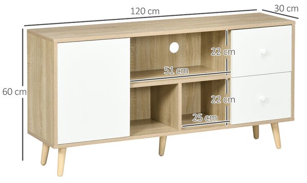 HOMCOM Televizní stolek pro televize do 114 cm se solidními nohami ve skandinávském stylu, 3 police, 1 skříňka se dveřmi a 2 šuplíky 120 x 30 x 60 cm