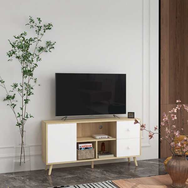HOMCOM Televizní stolek pro televize do 114 cm se solidními nohami ve skandinávském stylu, 3 police, 1 skříňka se dveřmi a 2 šuplíky 120 x 30 x 60 cm