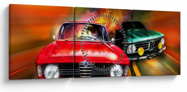 Obraz - Retro závodní auta (s hodinami) (90x30 cm)