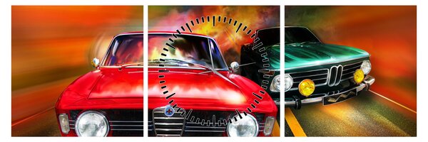 Obraz - Retro závodní auta (s hodinami) (90x30 cm)