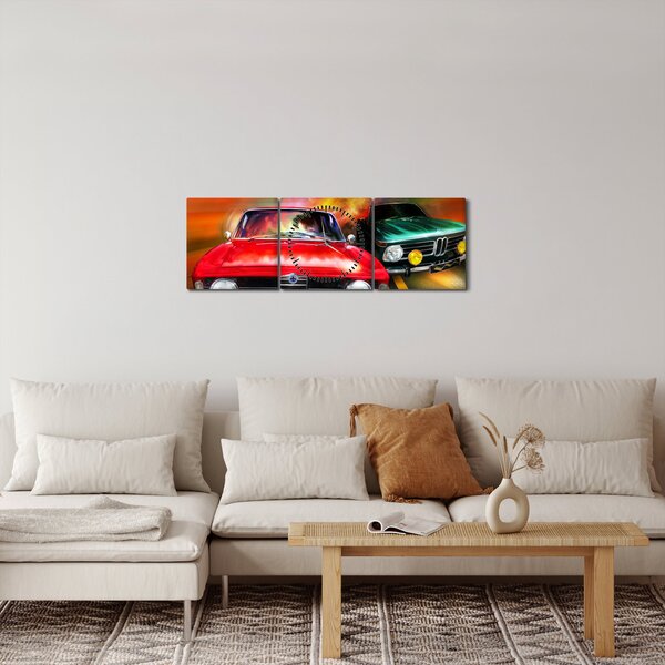 Obraz - Retro závodní auta (s hodinami) (90x30 cm)