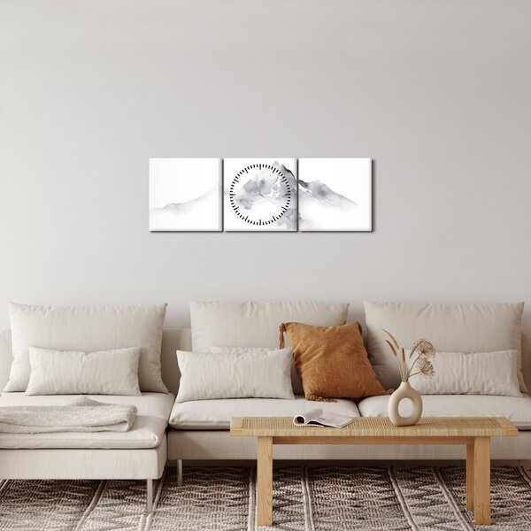 Obraz - Inkoustová malba hor (s hodinami) (90x30 cm)