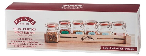 Sada 6 kořenek v dřevěné poličce Kilner Herbs&Spices