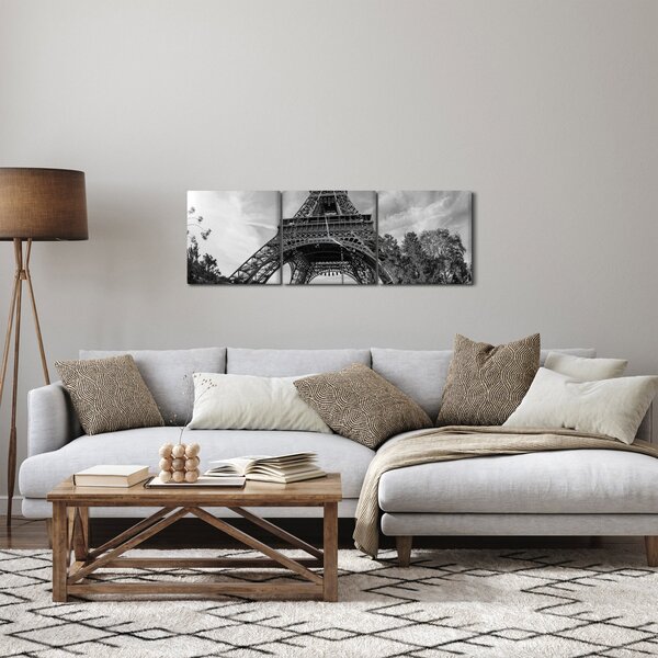 Obraz - Eiffelova věž, černobílá (s hodinami) (90x30 cm)