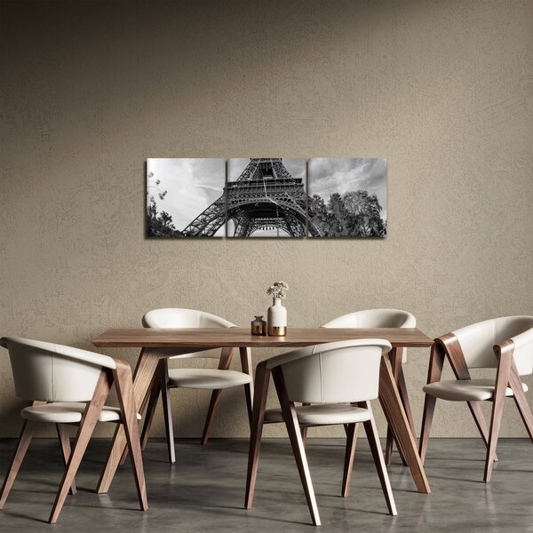 Obraz - Eiffelova věž, černobílá (s hodinami) (90x30 cm)