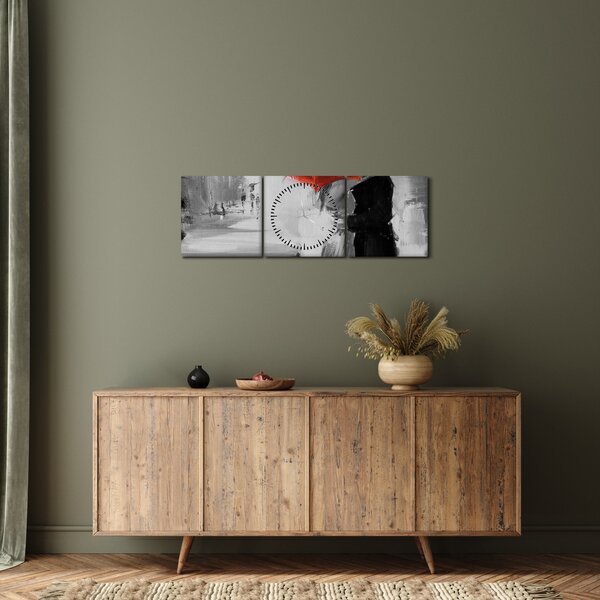 Obraz - Zamilovaný pár pod deštníkem, červený (s hodinami) (90x30 cm)