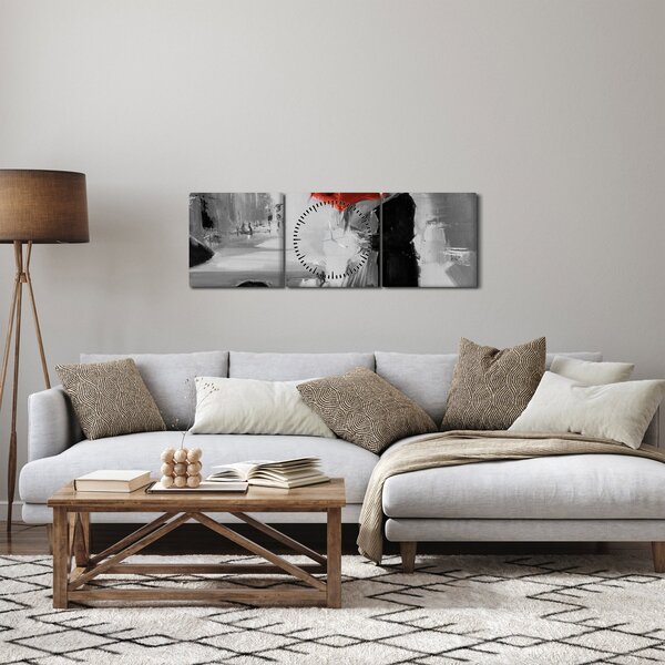 Obraz - Zamilovaný pár pod deštníkem, červený (s hodinami) (90x30 cm)