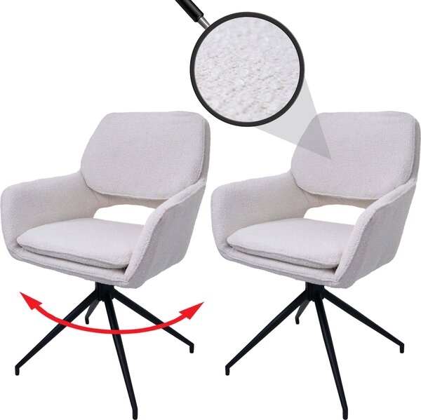Sada 2 jídelních židlí HWC-N74, kuchyňská židle, otočná s automatickým návratem, tkanina bouclé (540 g/m²) Oeko-Tex krémová