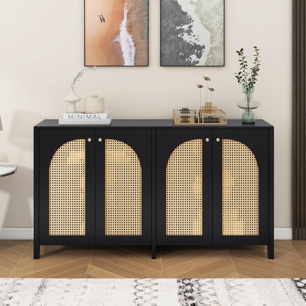 Komoda Flieks do obývacího pokoje s ratanovými dvířky, příborník s nastavitelnými policemi, boční skříňka 145x40x80 cm, černá barva