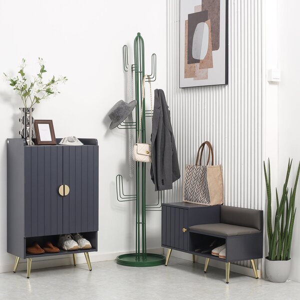 HOMCOM Šatní lavice Botník v art deco stylu, syntetický povrch, zlatá ocel, rozměry 80 x 33 x 49 cm, šedá | Aosom