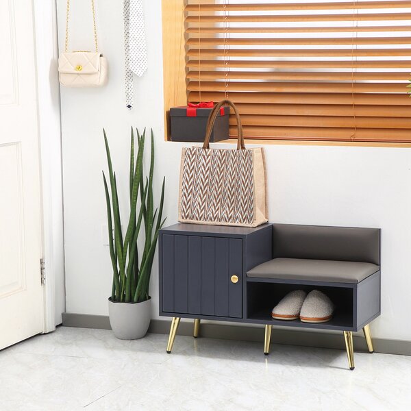 HOMCOM Šatní lavice Botník v art deco stylu, syntetický povrch, zlatá ocel, rozměry 80 x 33 x 49 cm, šedá | Aosom