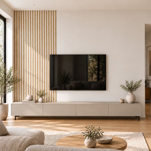 Akustický panel, podklad bílá MDF deska, úzká lamela, dubová dýha, 30x275 cm