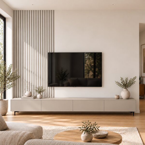 Akustický panel, podklad bílá MDF deska, úzká lamela, pískově béžová, 30x275 cm