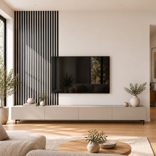 Akustický panel, podklad bílá MDF deska, úzká lamela, černý mat, 30x275 cm