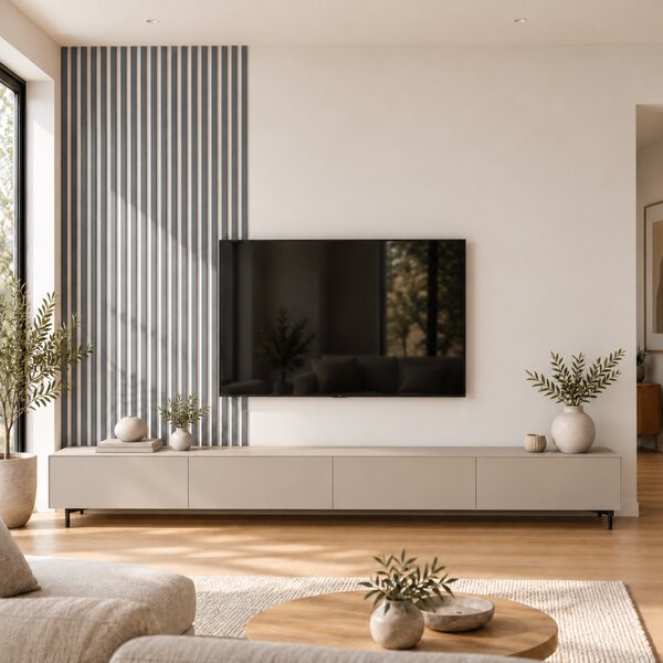Akustický panel, podklad bílá MDF deska, úzká lamela, grafit, 30x275 cm