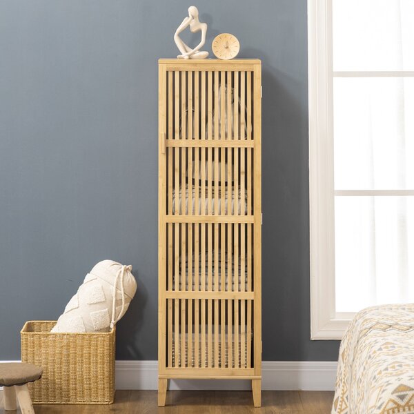 HOMCOM Bambusová skříňka na uskladnění se 4 úrovněmi a designem s lamelovými dveřmi pro koupelnu, ložnici a obývací pokoj 40 x 30 x 140 cm | Aosom