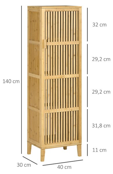 HOMCOM Bambusová skříňka na uskladnění se 4 úrovněmi a designem s lamelovými dveřmi pro koupelnu, ložnici a obývací pokoj 40 x 30 x 140 cm | Aosom