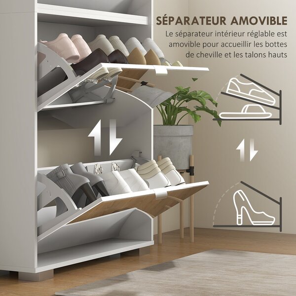 HOMCOM 2-in-1 Botník se Zrcadlovými Dveřmi, 4 Klopové Dveře, Nastavitelné Policie, Úsporný, 76L x 26W x 168H cm Bílý | Aosom