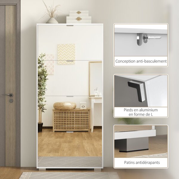 HOMCOM 2-in-1 Botník se Zrcadlovými Dveřmi, 4 Klopové Dveře, Nastavitelné Policie, Úsporný, 76L x 26W x 168H cm Bílý | Aosom