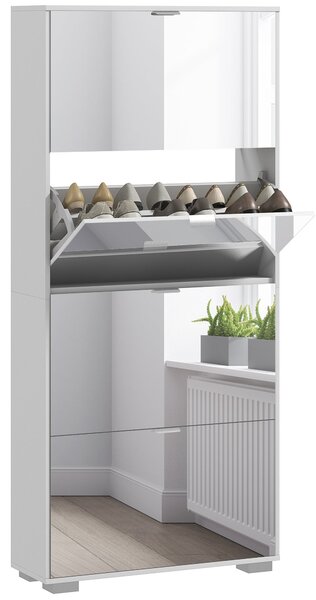 HOMCOM 2-in-1 Botník se Zrcadlovými Dveřmi, 4 Klopové Dveře, Nastavitelné Policie, Úsporný, 76L x 26W x 168H cm Bílý | Aosom
