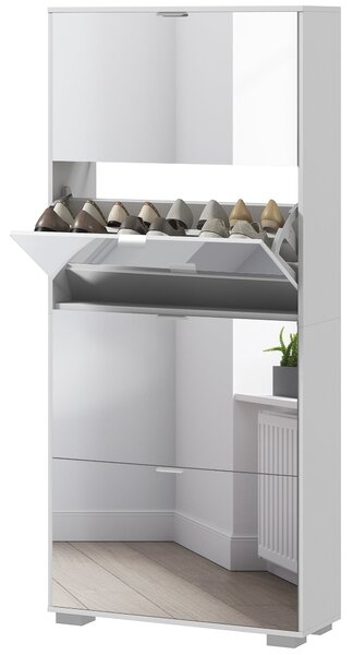 HOMCOM 2-in-1 Botník se Zrcadlovými Dveřmi, 4 Klopové Dveře, Nastavitelné Policie, Úsporný, 76L x 26W x 168H cm Bílý | Aosom