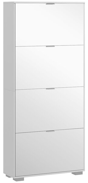 HOMCOM 2-in-1 Botník se Zrcadlovými Dveřmi, 4 Klopové Dveře, Nastavitelné Policie, Úsporný, 76L x 26W x 168H cm Bílý | Aosom