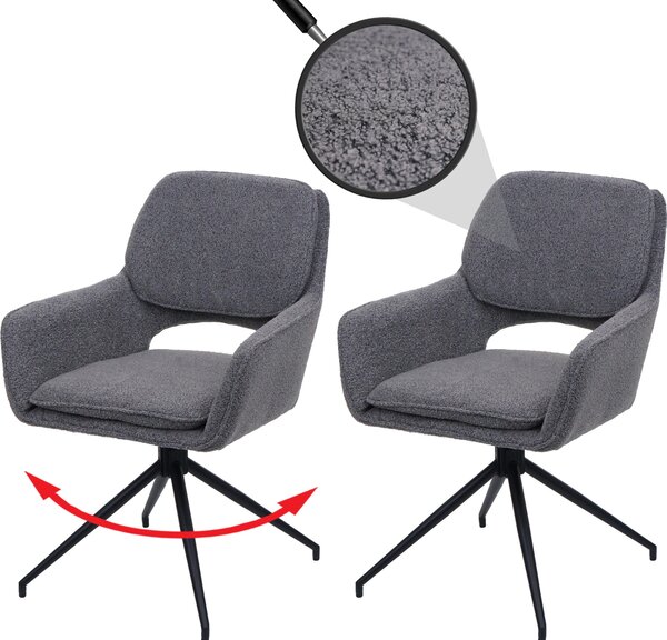 Sada 2 jídelních židlí HWC-N74, kuchyňská židle, otočná s automatickým návratem, tkanina bouclé (540 g/m²) Oeko-Tex šedá