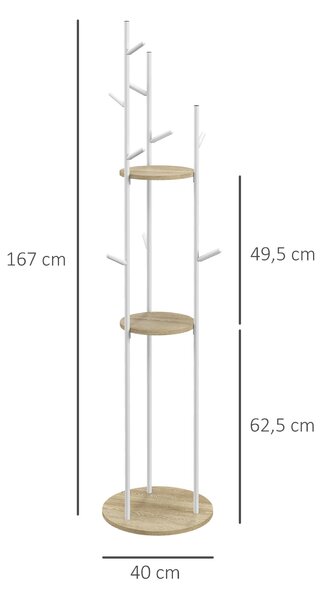 HOMCOM Volně stojící věšák na kabáty - ocelový s 9 háčky a 2 kulatými policemi - Ø 40 x 167 cm přírodní a bílý | Aosom