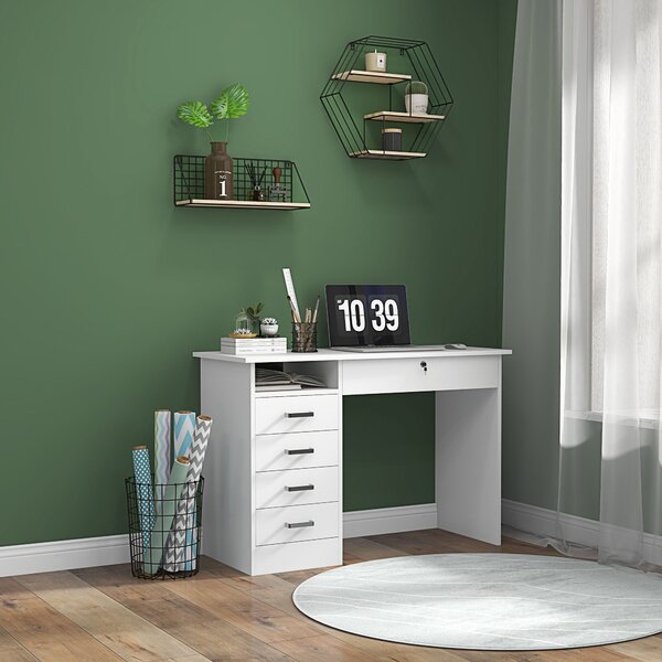 HOMCOM Moderní Počítačový Stůl s 5 Zásuvkami, Velká Deska, 1 Otevřený Úložný Prostor, Zámková Zásuvka, 110x50x76 cm, Bílý | Aosom