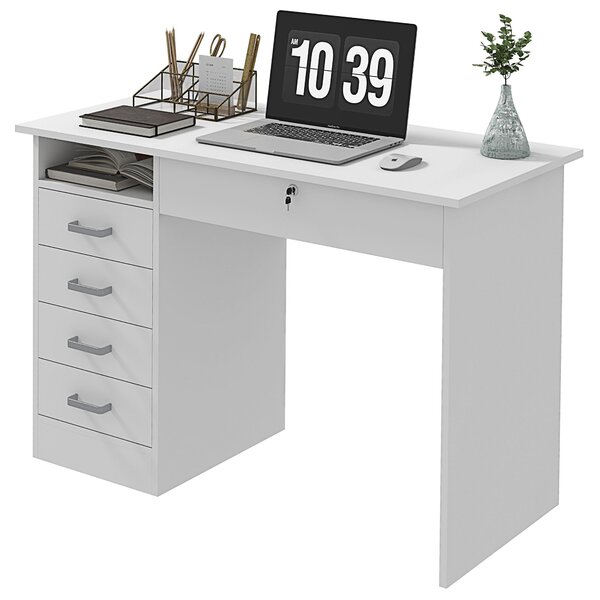 HOMCOM Moderní Počítačový Stůl s 5 Zásuvkami, Velká Deska, 1 Otevřený Úložný Prostor, Zámková Zásuvka, 110x50x76 cm, Bílý | Aosom