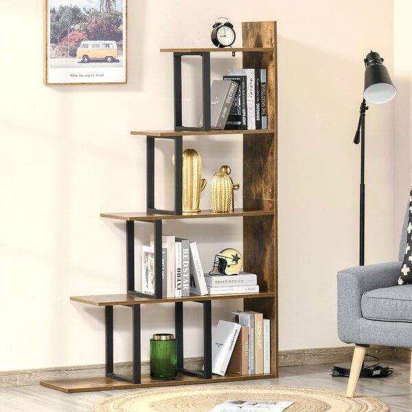 HOMCOM Knihařský regál s 5 policemi ve stylu industriálního schodiště 102 x 30 x 160 cm Rustikální hnědá | Aosom