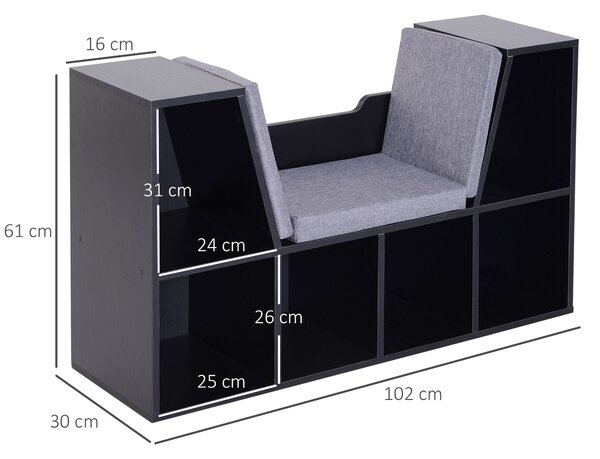 HOMCOM Dvoudílná knihovna s moderním designem a lavičkou, 6 přihrádek a 3 polštáře, 102D x 30Š x 61V cm, Černá Šedá | Aosom