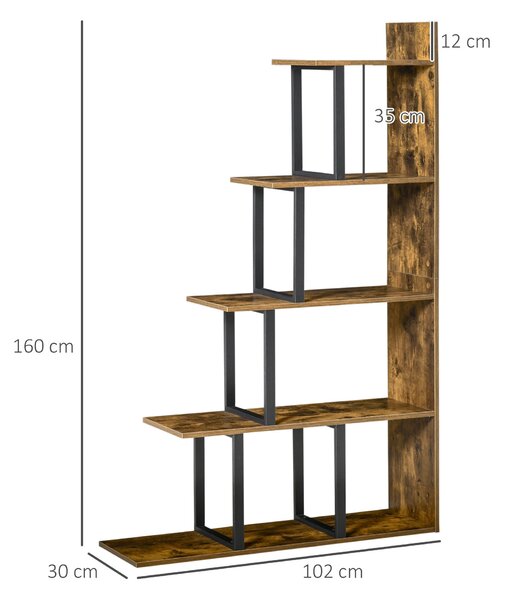 HOMCOM Knihařský regál s 5 policemi ve stylu industriálního schodiště 102 x 30 x 160 cm Rustikální hnědá | Aosom