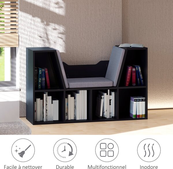 HOMCOM Dvoudílná knihovna s moderním designem a lavičkou, 6 přihrádek a 3 polštáře, 102D x 30Š x 61V cm, Černá Šedá | Aosom