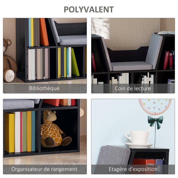 HOMCOM Dvoudílná knihovna s moderním designem a lavičkou, 6 přihrádek a 3 polštáře, 102D x 30Š x 61V cm, Černá Šedá | Aosom