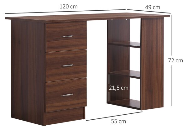 HOMCOM Stůl s úložným prostorem, Počítačový stůl 120 x 50 cm, Pracovní stol s policemi a šuplíky, pro malé prostory, ložnici, Ořechová úprava | Aosom