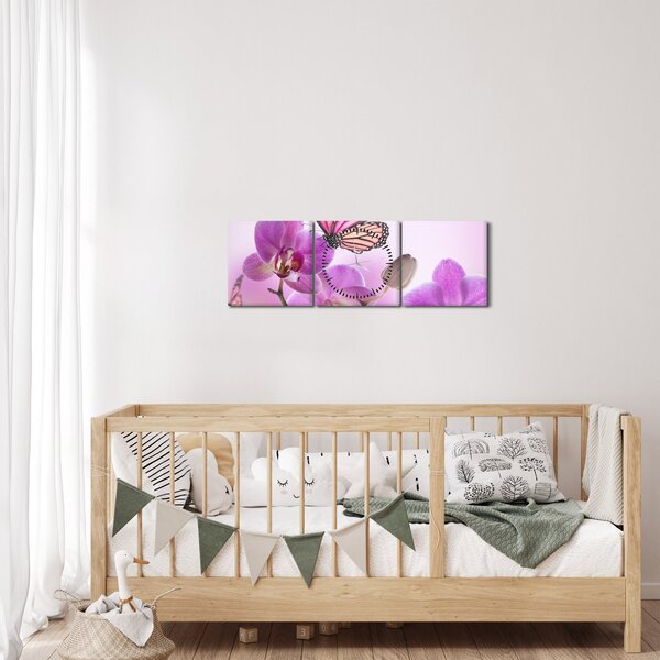Obraz - Motýl na květech orchideje, lila (s hodinami) (90x30 cm)