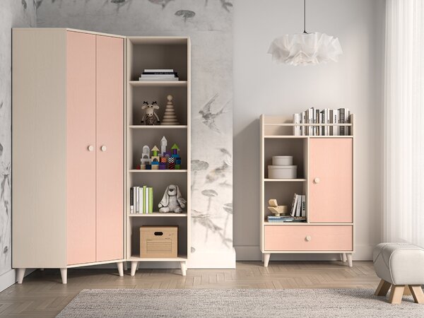 Rohová šatní skříň 80 cm do dětského pokoje OLIVIA - béžová / růžová