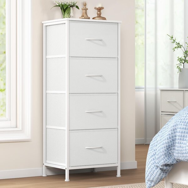 SONGMICS Komoda, skříň, 4 látkové zásuvky, do ložnice, předsíně, obývacího pokoje, bílá